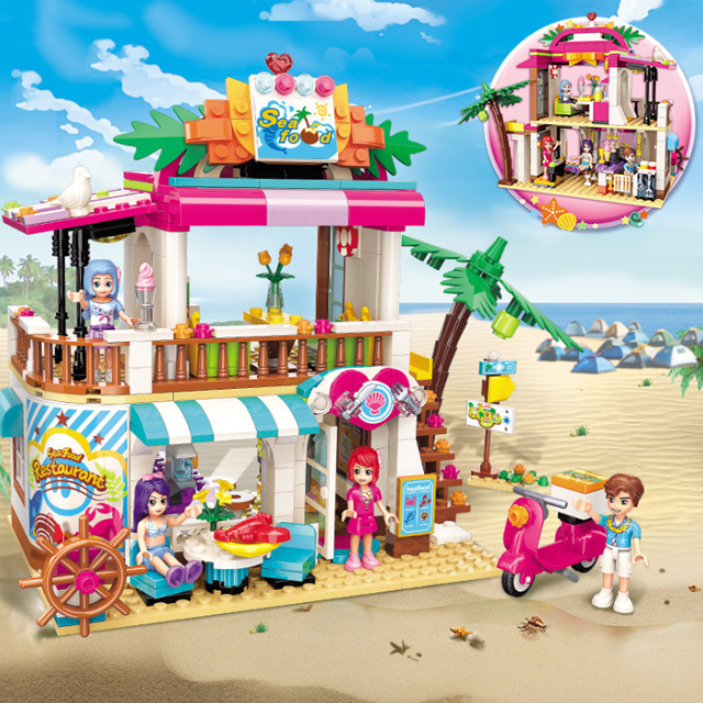 레고 호환 2021 해변 씨푸드 레스토랑 워터파크 미니 카페 계몽 조립 블럭 여아 장난감